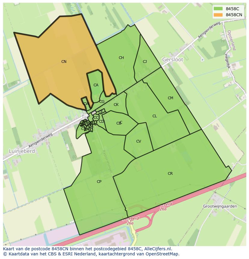 Afbeelding van het postcodegebied 8458 CN op de kaart.