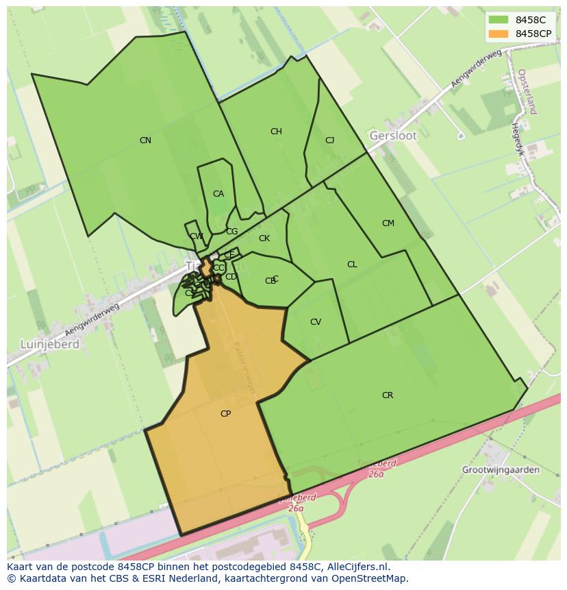 Afbeelding van het postcodegebied 8458 CP op de kaart.