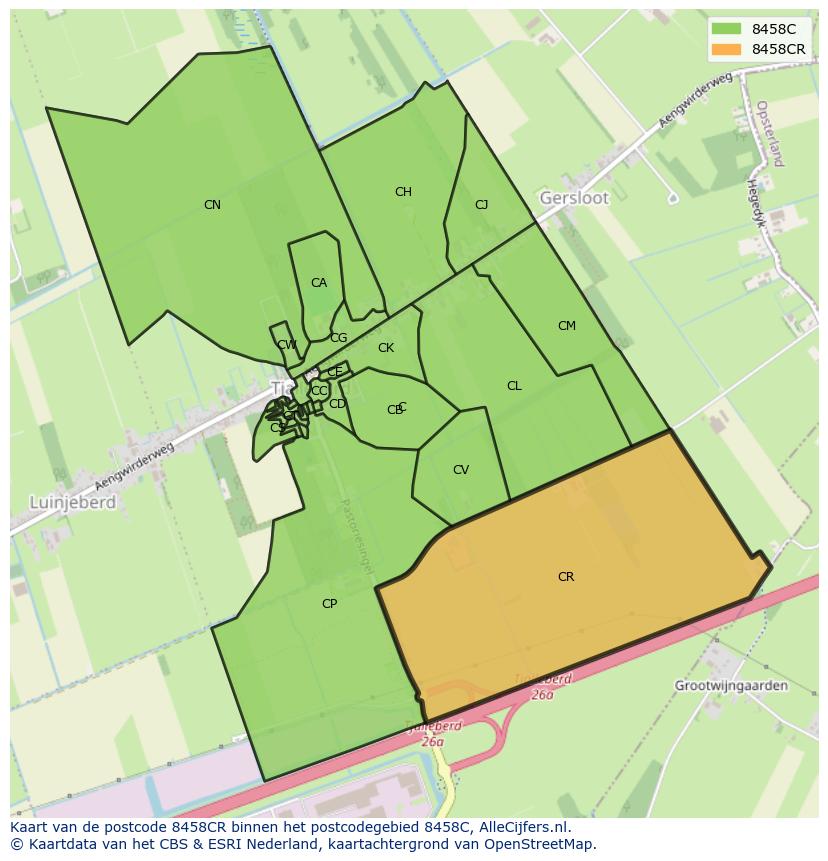 Afbeelding van het postcodegebied 8458 CR op de kaart.