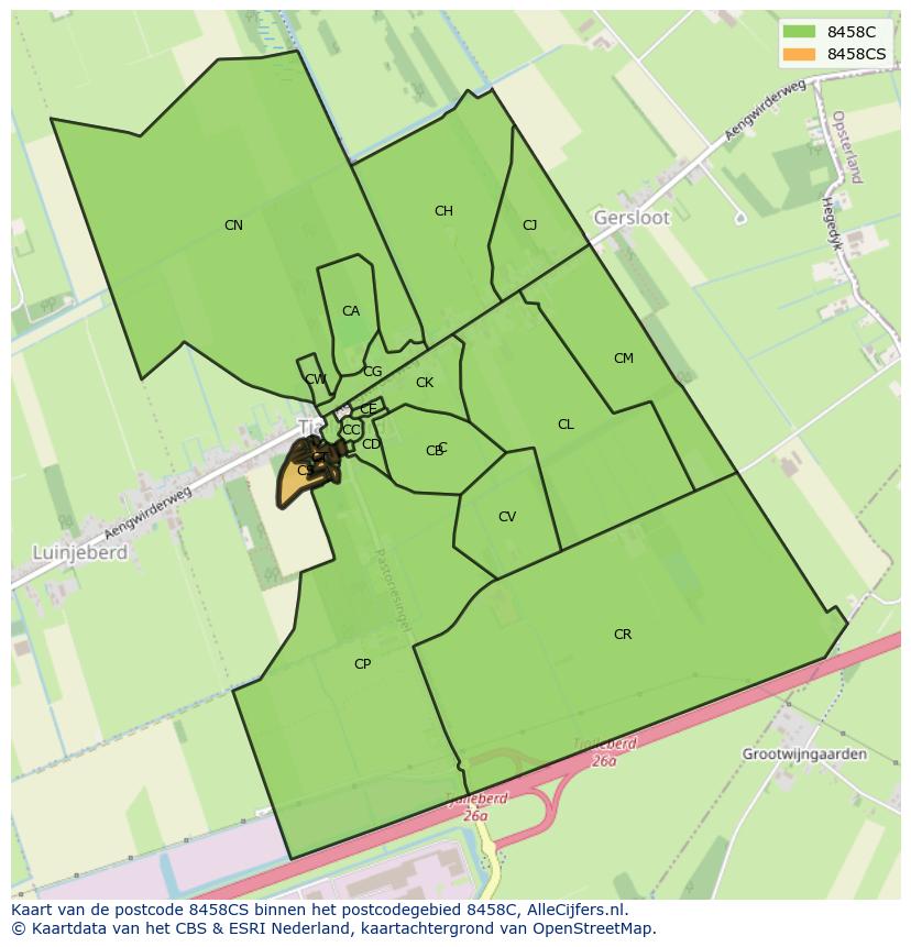 Afbeelding van het postcodegebied 8458 CS op de kaart.