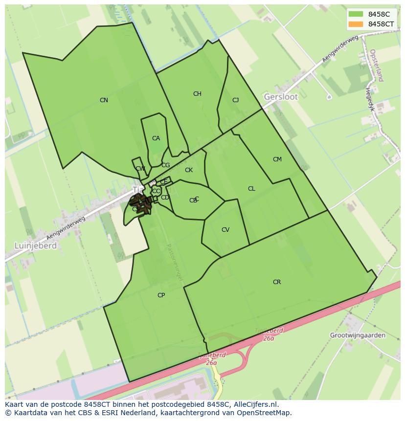 Afbeelding van het postcodegebied 8458 CT op de kaart.