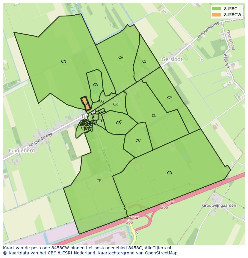 Afbeelding van het postcodegebied 8458 CW op de kaart.