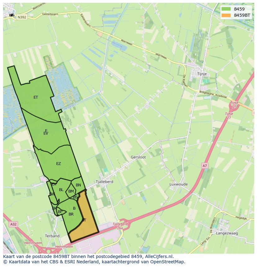 Afbeelding van het postcodegebied 8459 BT op de kaart.