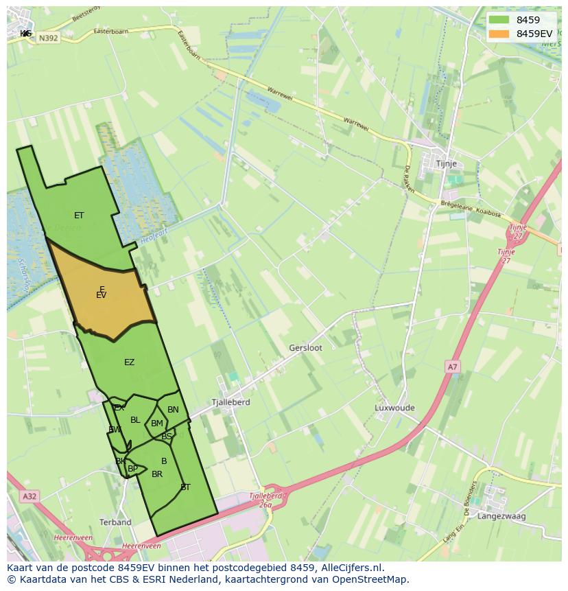Afbeelding van het postcodegebied 8459 EV op de kaart.