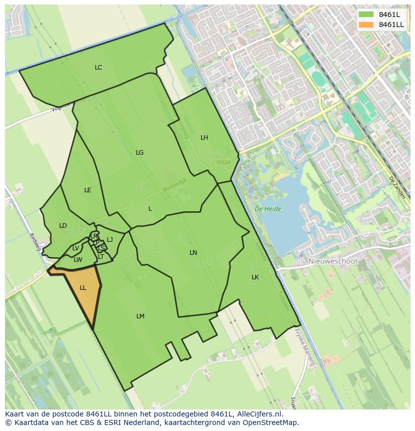 Afbeelding van het postcodegebied 8461 LL op de kaart.