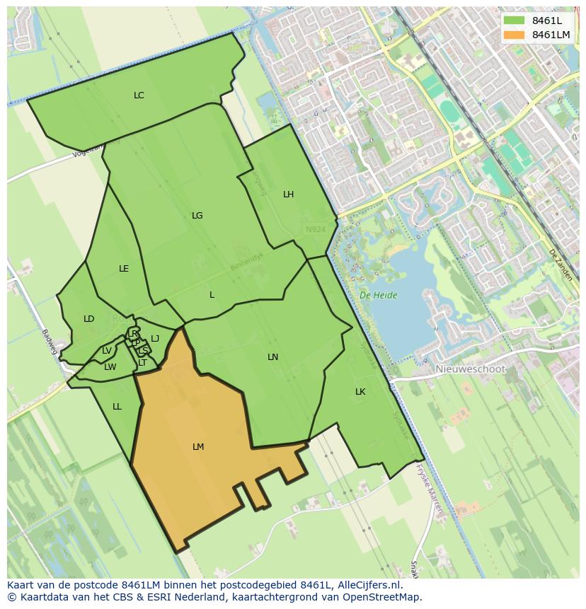 Afbeelding van het postcodegebied 8461 LM op de kaart.