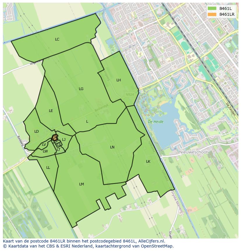 Afbeelding van het postcodegebied 8461 LR op de kaart.