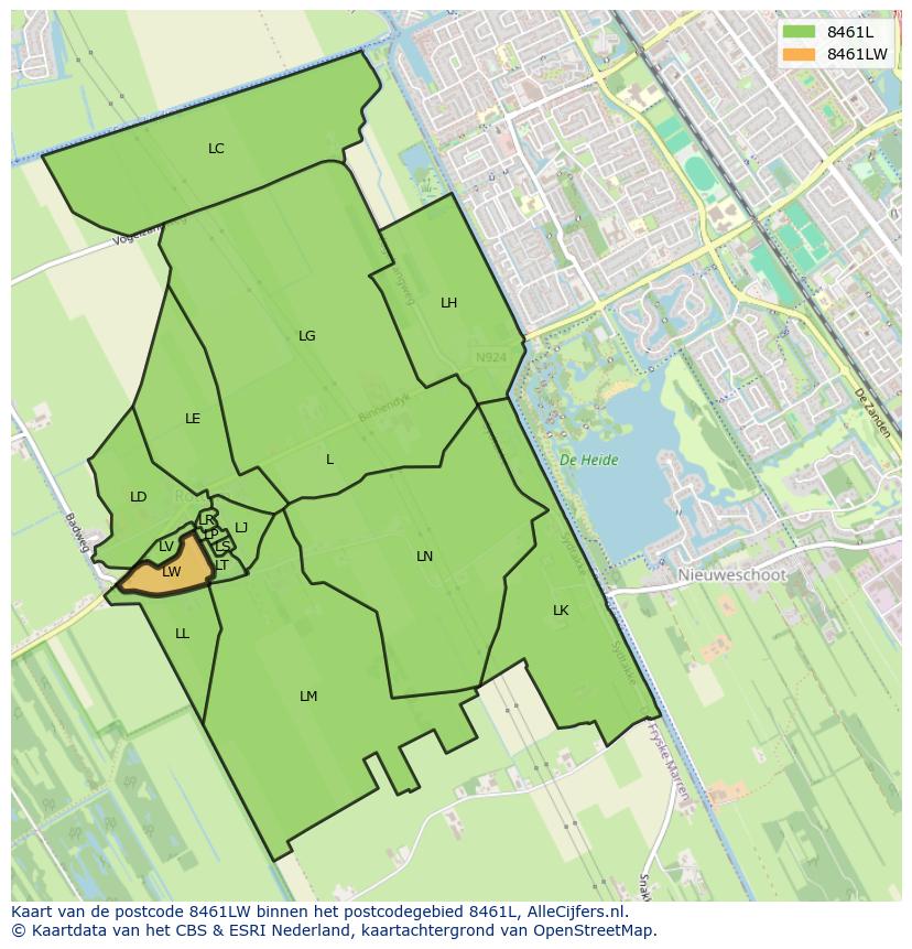 Afbeelding van het postcodegebied 8461 LW op de kaart.