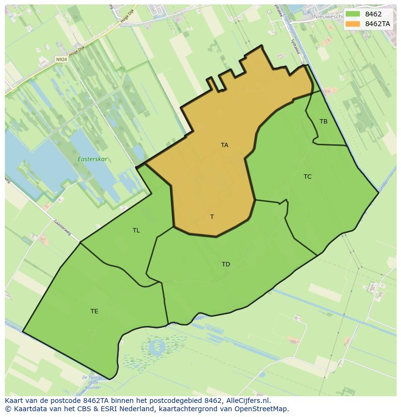 Afbeelding van het postcodegebied 8462 TA op de kaart.