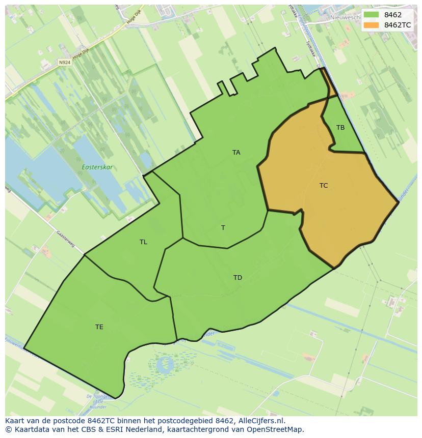 Afbeelding van het postcodegebied 8462 TC op de kaart.