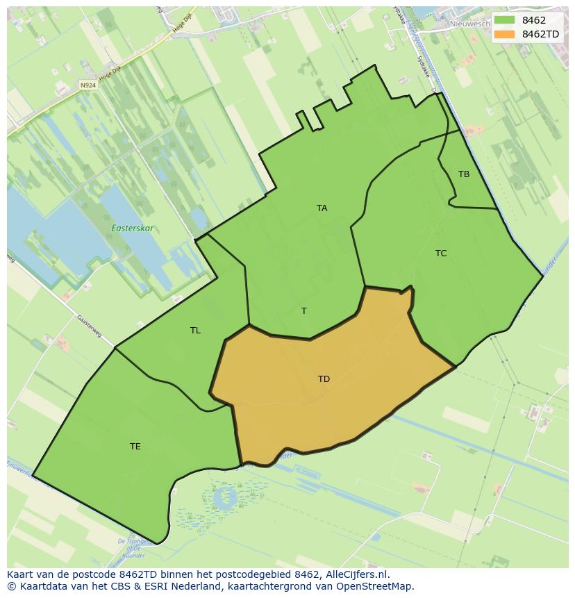 Afbeelding van het postcodegebied 8462 TD op de kaart.