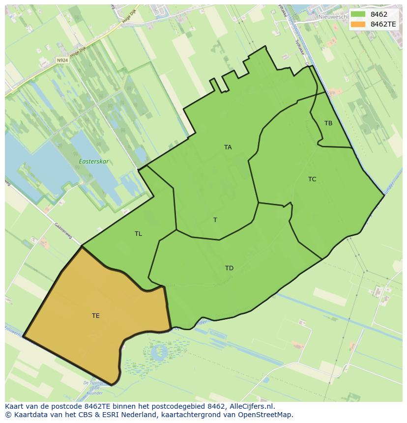 Afbeelding van het postcodegebied 8462 TE op de kaart.