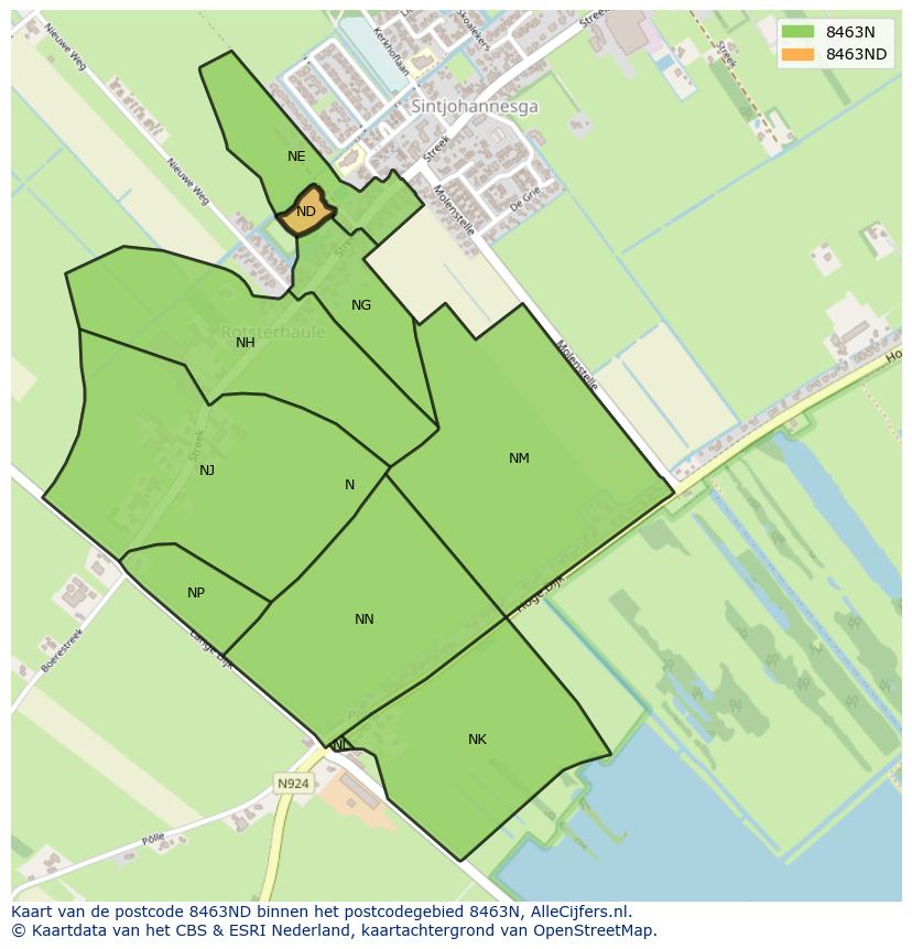 Afbeelding van het postcodegebied 8463 ND op de kaart.