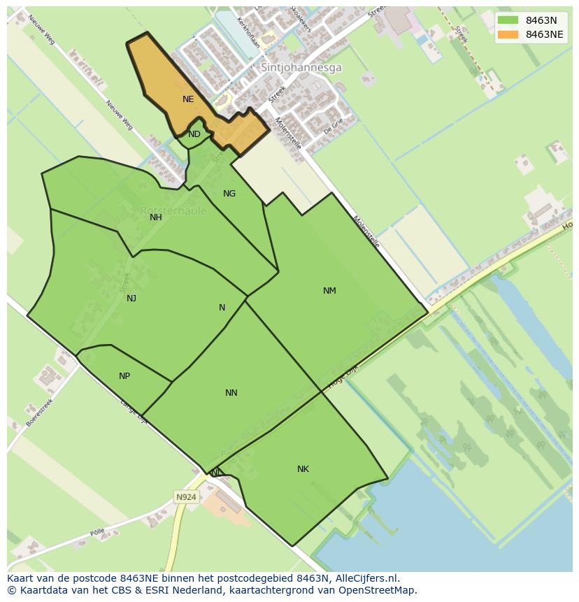 Afbeelding van het postcodegebied 8463 NE op de kaart.
