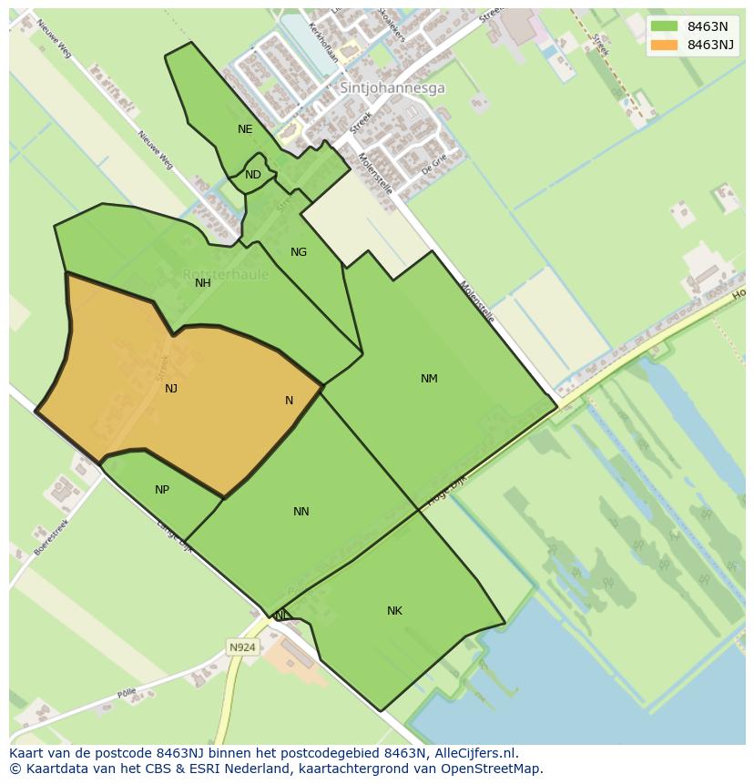 Afbeelding van het postcodegebied 8463 NJ op de kaart.