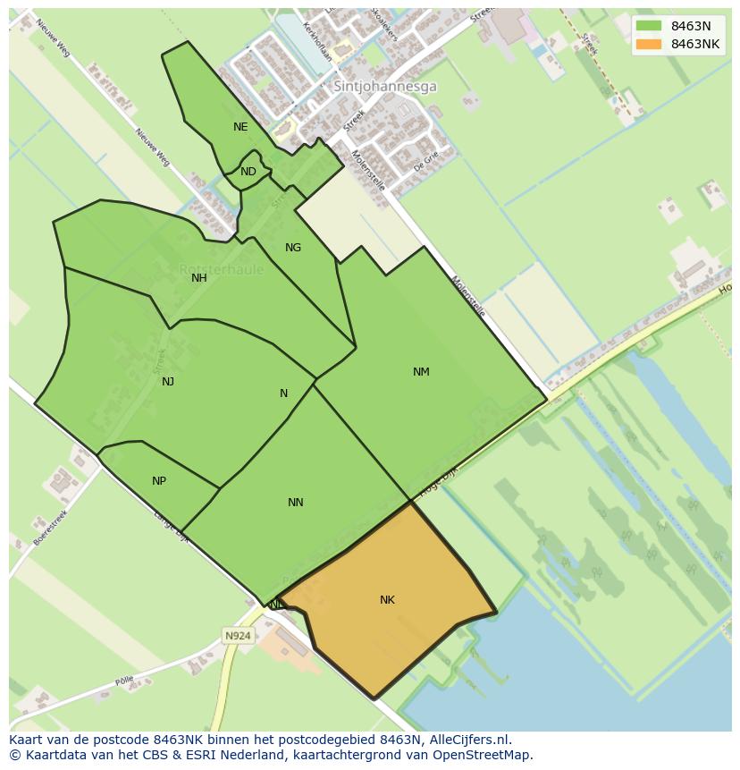 Afbeelding van het postcodegebied 8463 NK op de kaart.