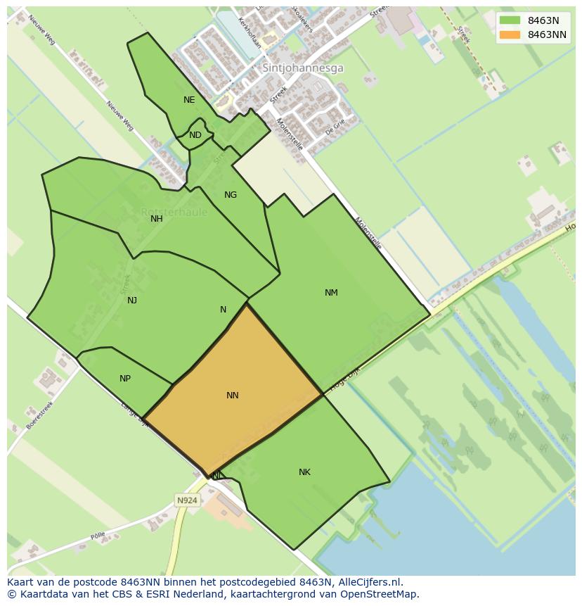 Afbeelding van het postcodegebied 8463 NN op de kaart.