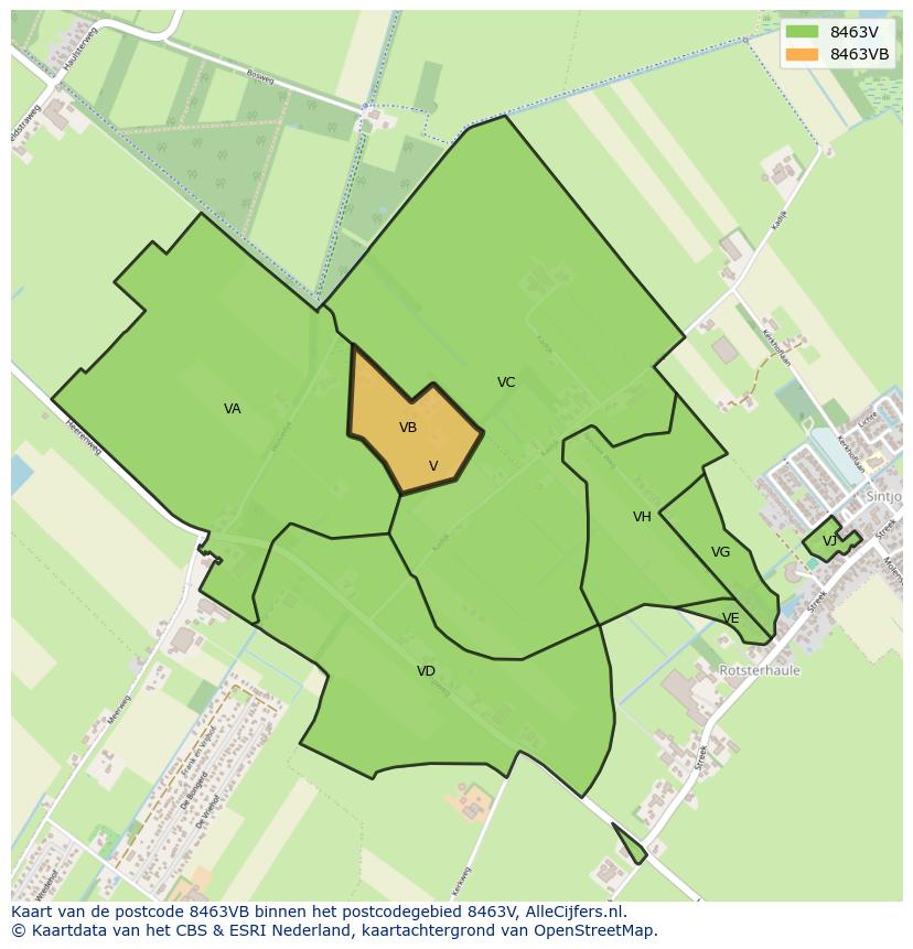 Afbeelding van het postcodegebied 8463 VB op de kaart.