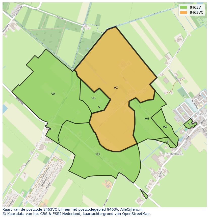 Afbeelding van het postcodegebied 8463 VC op de kaart.