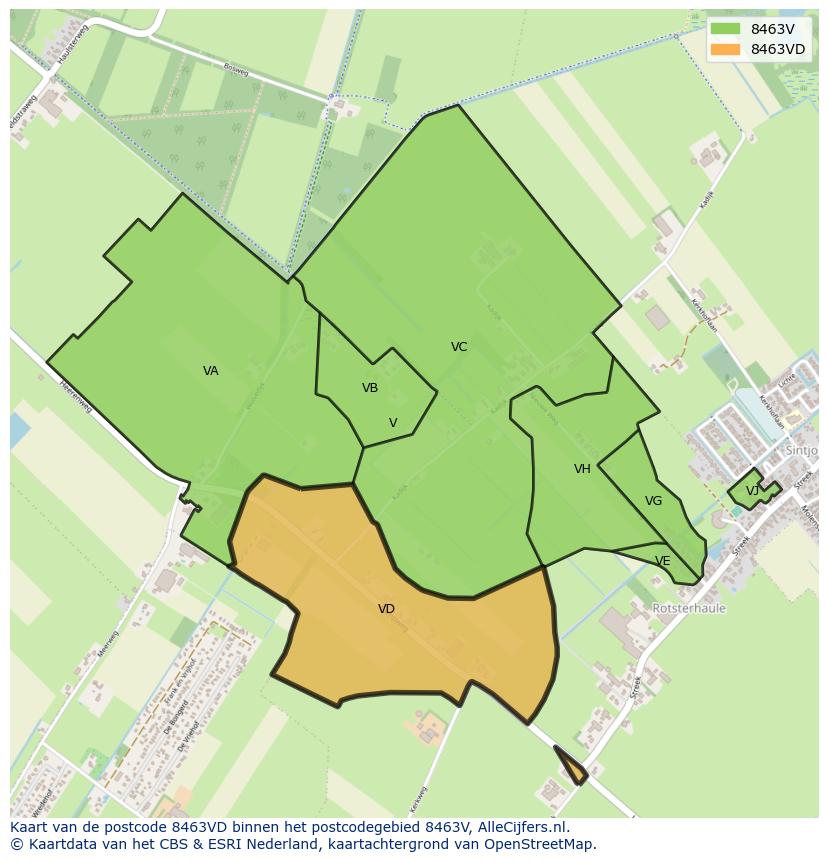 Afbeelding van het postcodegebied 8463 VD op de kaart.