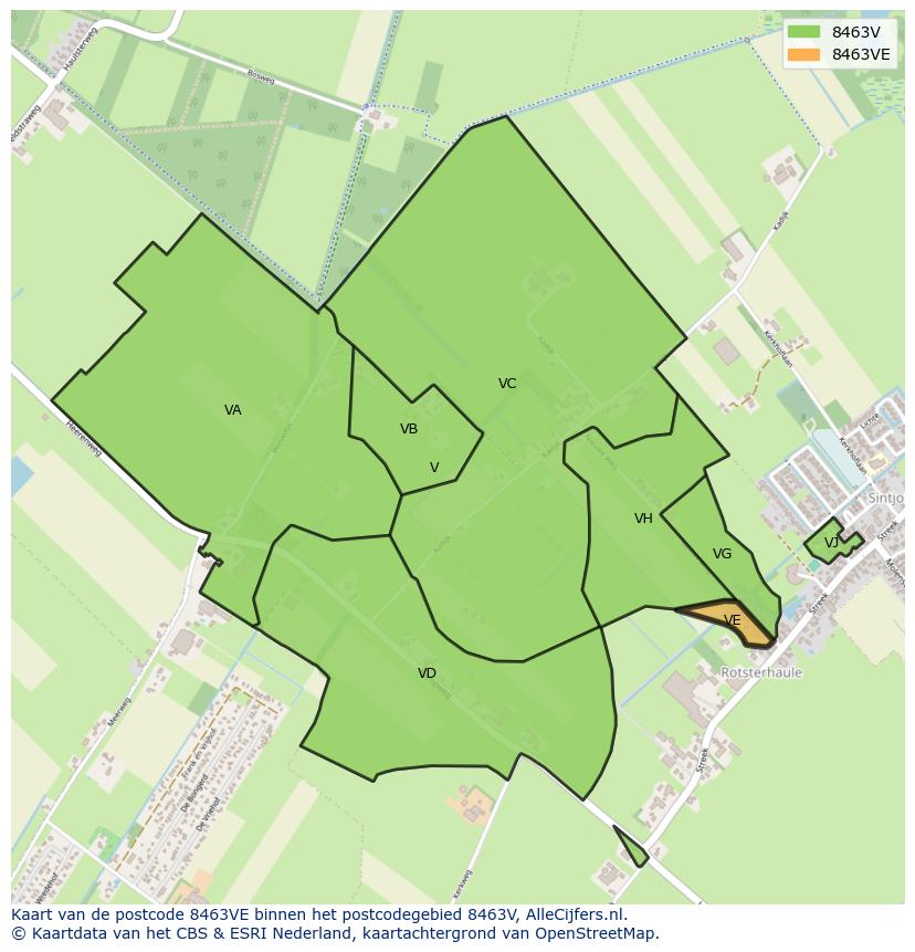 Afbeelding van het postcodegebied 8463 VE op de kaart.