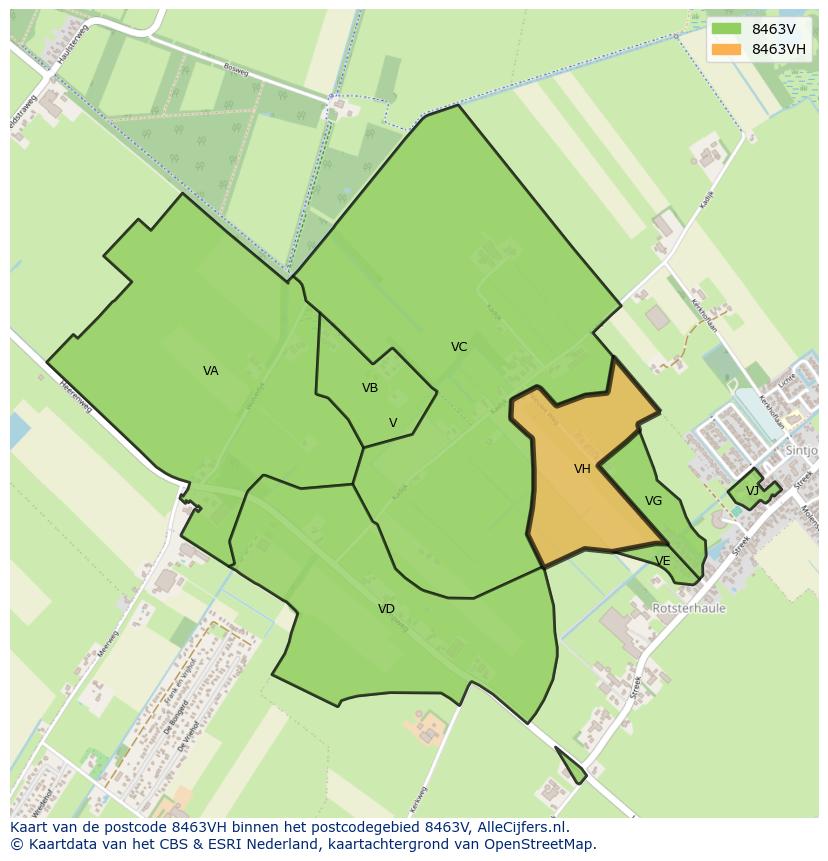 Afbeelding van het postcodegebied 8463 VH op de kaart.