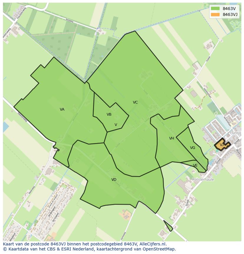 Afbeelding van het postcodegebied 8463 VJ op de kaart.