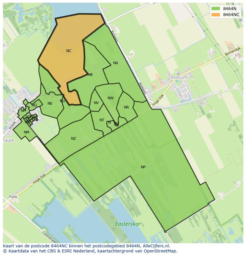 Afbeelding van het postcodegebied 8464 NC op de kaart.