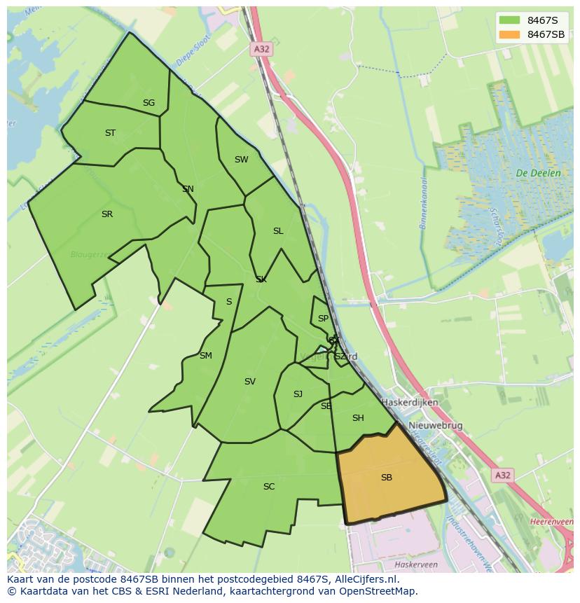 Afbeelding van het postcodegebied 8467 SB op de kaart.