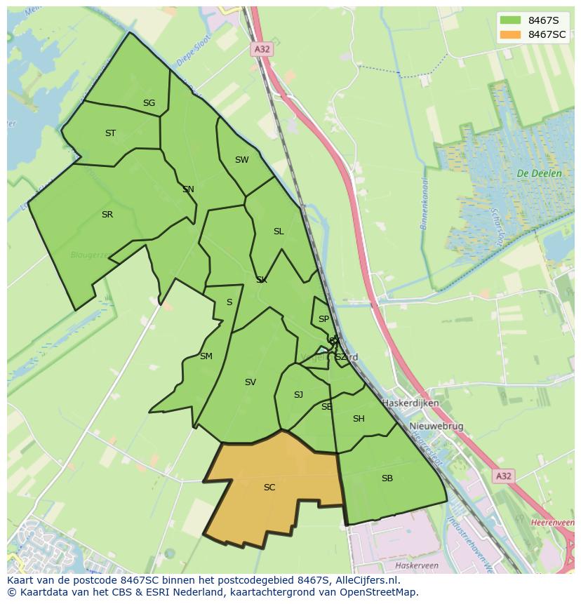Afbeelding van het postcodegebied 8467 SC op de kaart.