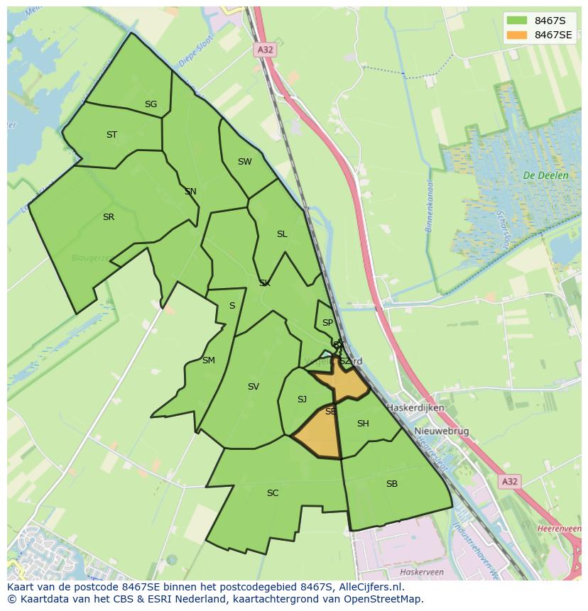 Afbeelding van het postcodegebied 8467 SE op de kaart.