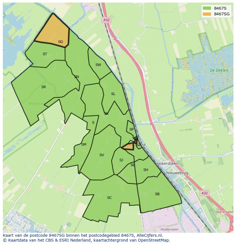 Afbeelding van het postcodegebied 8467 SG op de kaart.