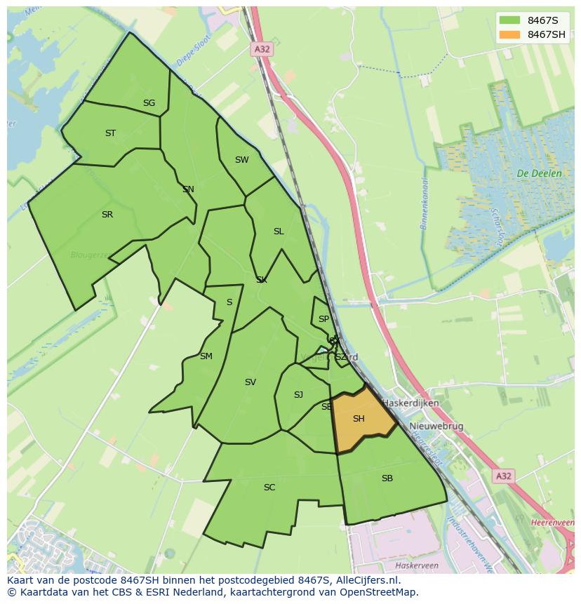 Afbeelding van het postcodegebied 8467 SH op de kaart.