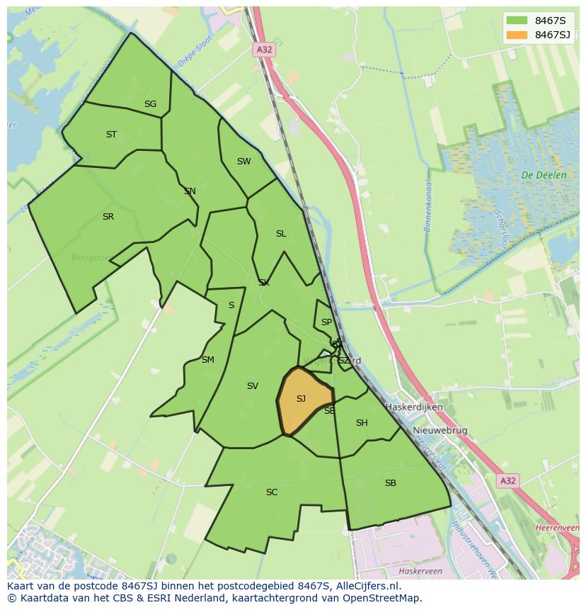 Afbeelding van het postcodegebied 8467 SJ op de kaart.