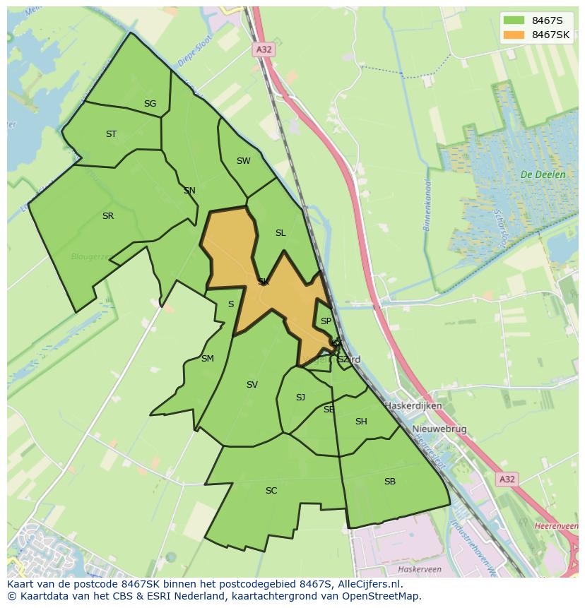 Afbeelding van het postcodegebied 8467 SK op de kaart.