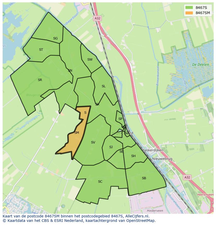 Afbeelding van het postcodegebied 8467 SM op de kaart.