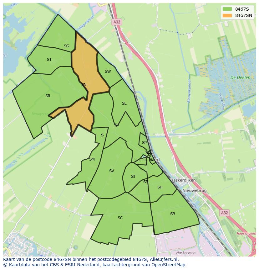 Afbeelding van het postcodegebied 8467 SN op de kaart.