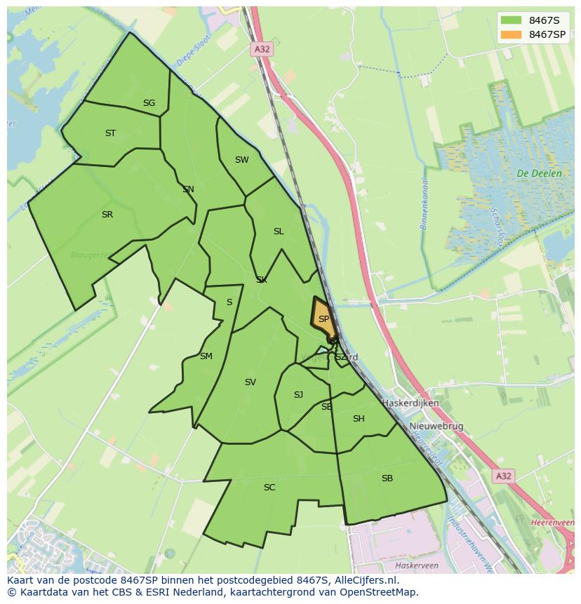 Afbeelding van het postcodegebied 8467 SP op de kaart.