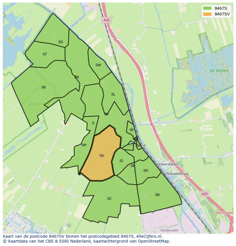 Afbeelding van het postcodegebied 8467 SV op de kaart.