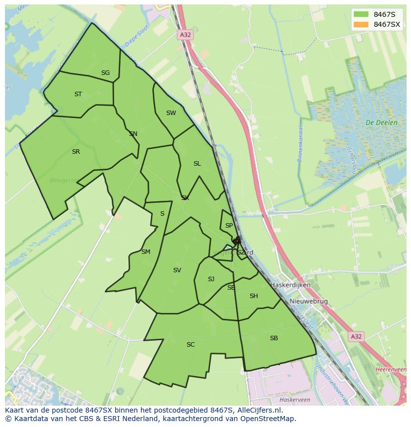 Afbeelding van het postcodegebied 8467 SX op de kaart.