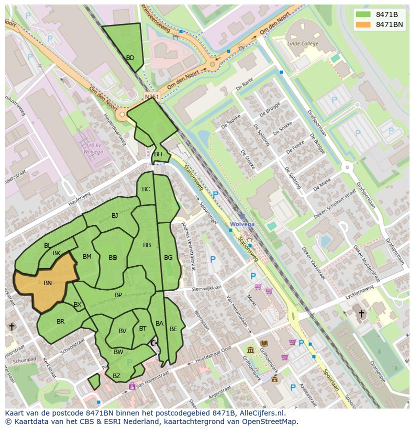 Afbeelding van het postcodegebied 8471 BN op de kaart.