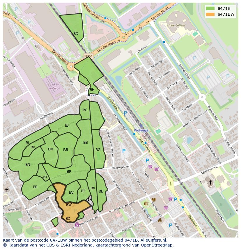 Afbeelding van het postcodegebied 8471 BW op de kaart.