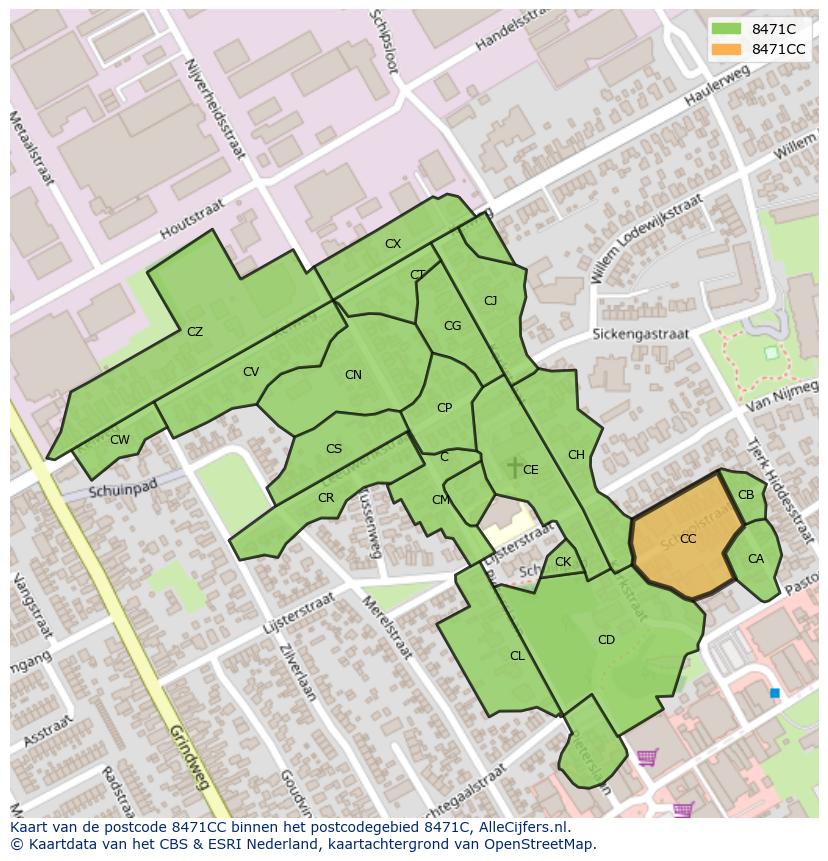 Afbeelding van het postcodegebied 8471 CC op de kaart.