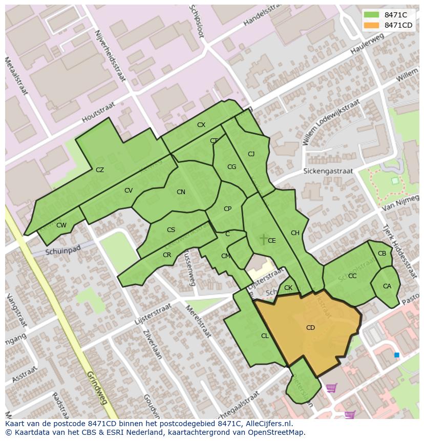 Afbeelding van het postcodegebied 8471 CD op de kaart.