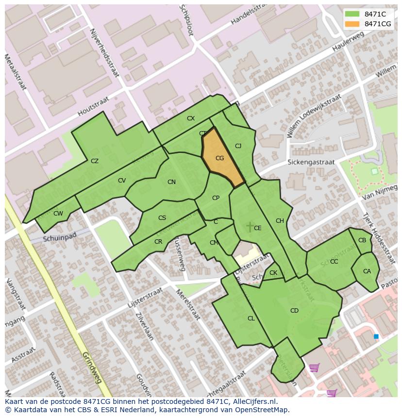 Afbeelding van het postcodegebied 8471 CG op de kaart.