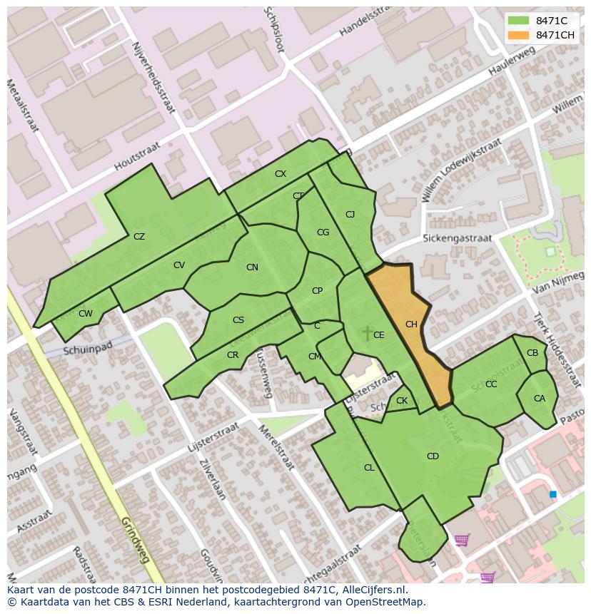 Afbeelding van het postcodegebied 8471 CH op de kaart.