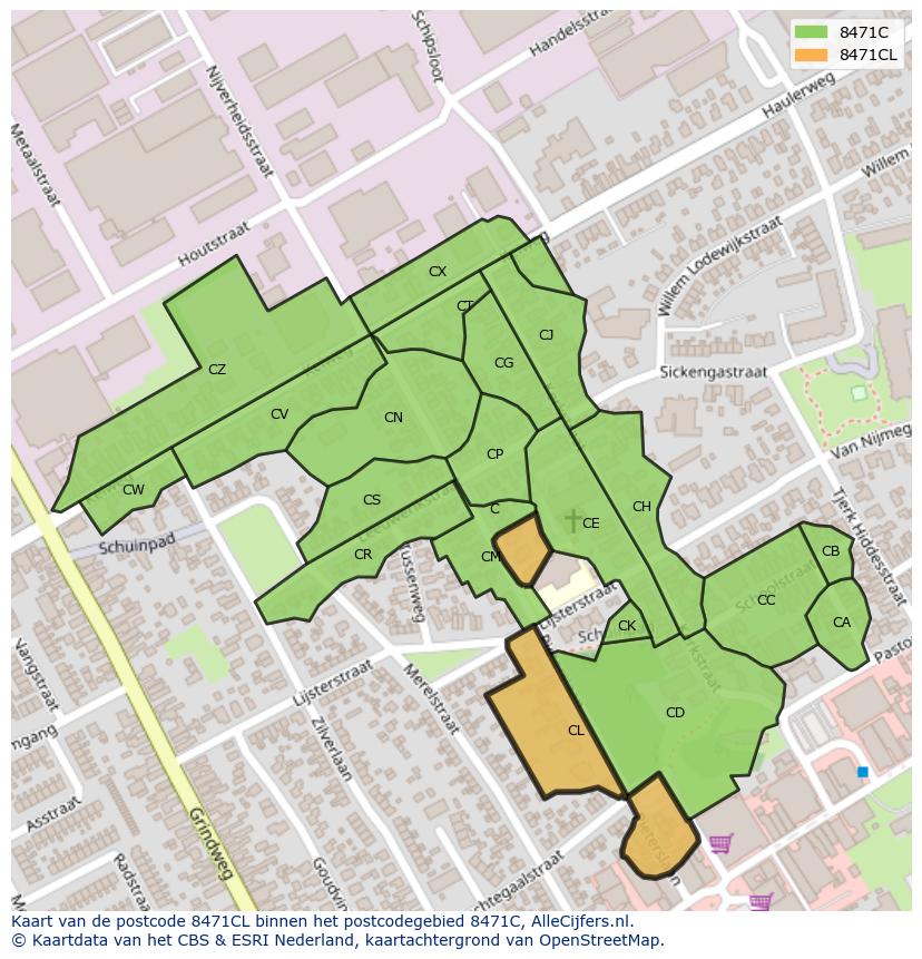 Afbeelding van het postcodegebied 8471 CL op de kaart.