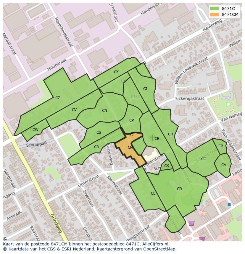 Afbeelding van het postcodegebied 8471 CM op de kaart.