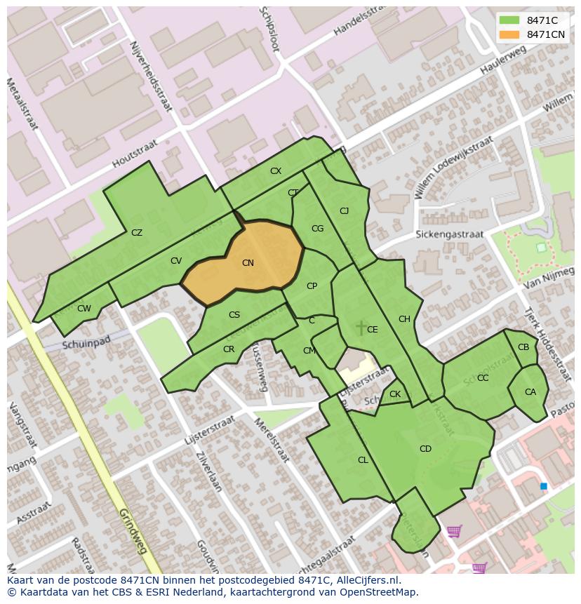 Afbeelding van het postcodegebied 8471 CN op de kaart.