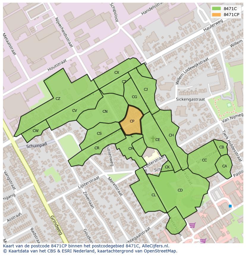 Afbeelding van het postcodegebied 8471 CP op de kaart.